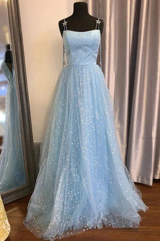 Beautiful Sky Blue Tulle Star A-line Long Prom Dress Formal Dresses maxi dresses simple gentle atmospheric and unique desi Bring summer colors to enhance whiteness by YiHuiw