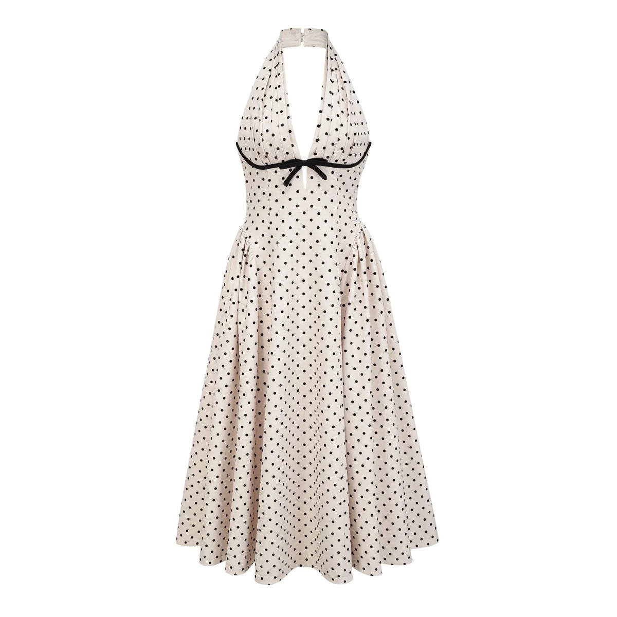 Beige Polka Dot Halter Neck Midi Dress White Polka Dot Midi Dress Evening Dress by YiHuiw