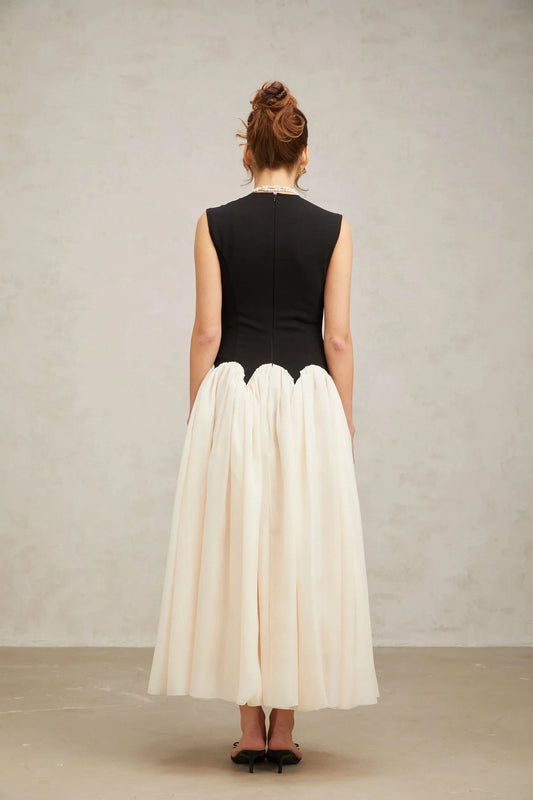 Black And Cream Contrast Midi Dresss color-blocked puff maxi dress Evening Dress by YiHuiw