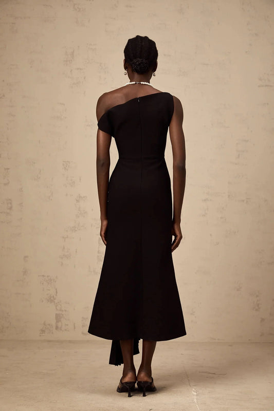 Black Asymmetric Neck Pleated Midi Dress asymmetrical draped midi dress in Black Evening Dress by YiHuiw