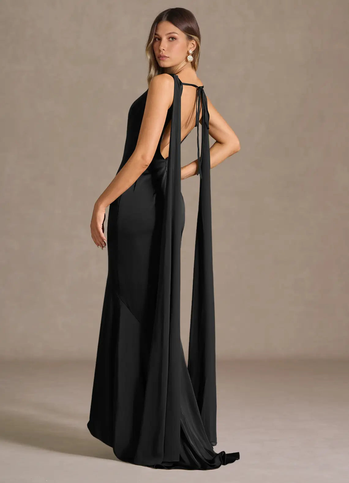 Black Mermaid Satin Open Back Floor-Length Dress - Yihuiw by Yihuiw