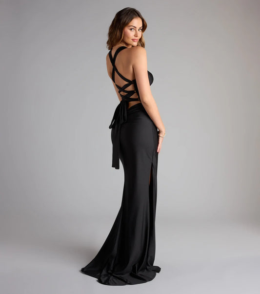 Black Mermaid Lace Lace-Up Back High Slit Floor-Length Wedding Dress - Yihuiw by Yihuiw