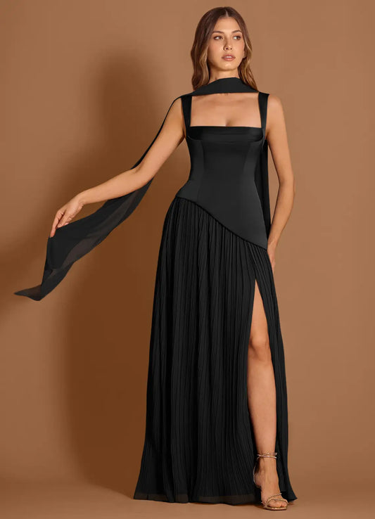 Black Square Neck Satin Lace-Up Back High Slit Floor-Length Wedding Dress - Yihuiw by Yihuiw