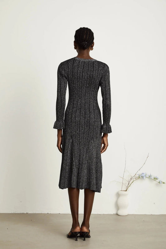 Black Glitter Knit Button - Front Midi Dress black flounced metallic midi dress Evening Dress by YiHuiw