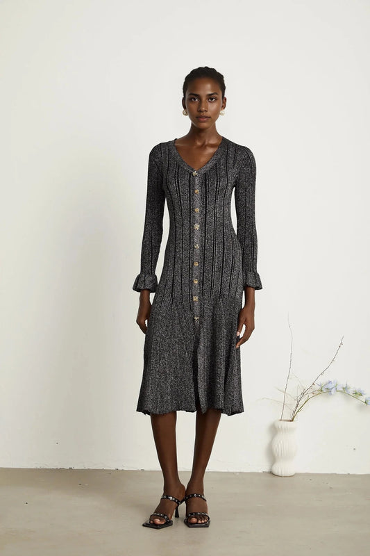 Black Glitter Knit Button - Front Midi Dress black flounced metallic midi dress Evening Dress by YiHuiw