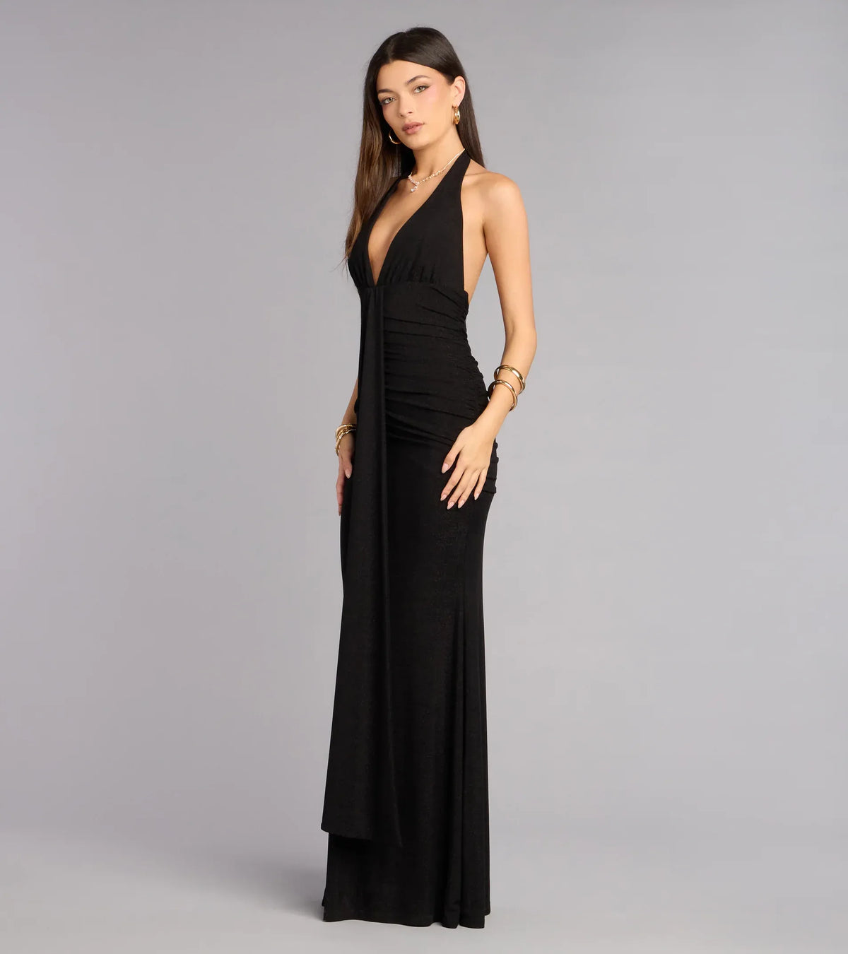 Black Mermaid Halter Ruched Floor-Length Wedding Dress - Yihuiw by Yihuiw
