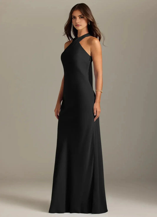 Black Halter Neck Maxi Dress with Back Bow Detail Black Mermaid Pleated Chiffon Dress Bridesmaid Dresses by YiHuiw