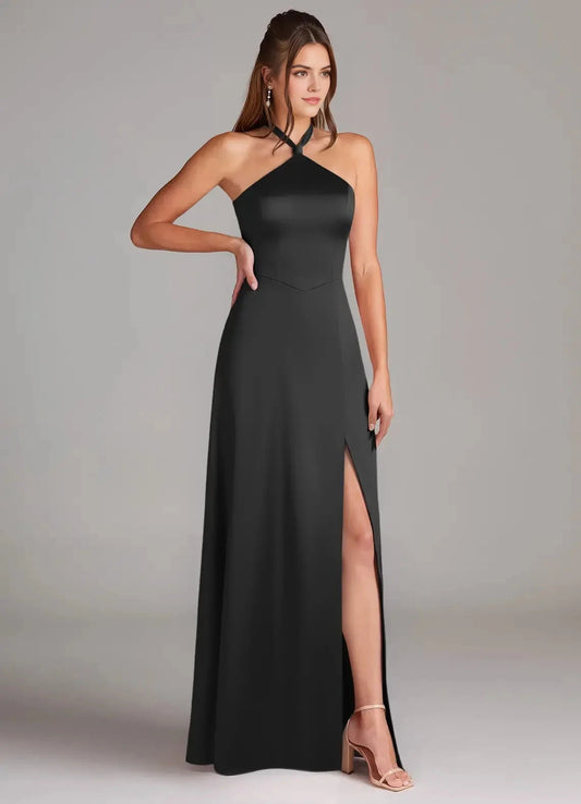 Black Halter Neck Maxi Dress with Side Slit and Open Back A-Line Side Slit Stretch Satin Dress Bridesmaid Dresses by YiHuiw