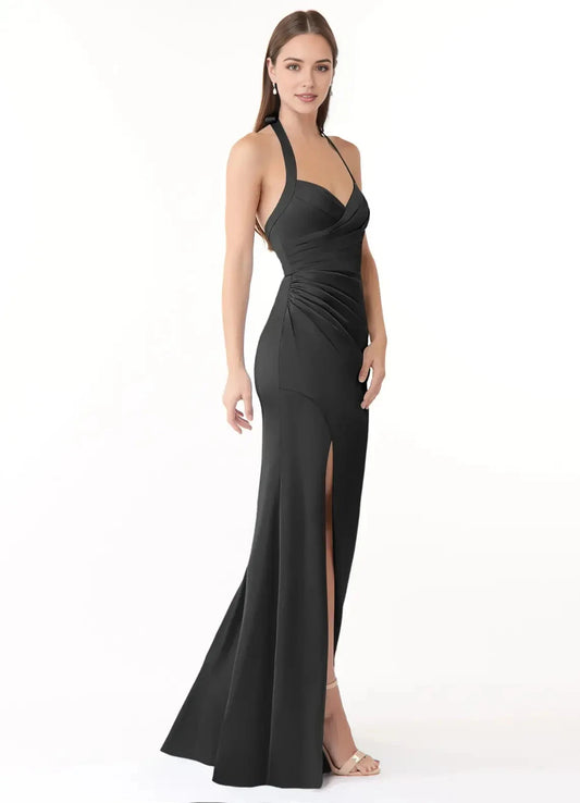 Black Halter Neck Mermaid Maxi with Side Slit and Open Back Pleated Stretch Satin Bridesmaid Dresses by YiHuiw