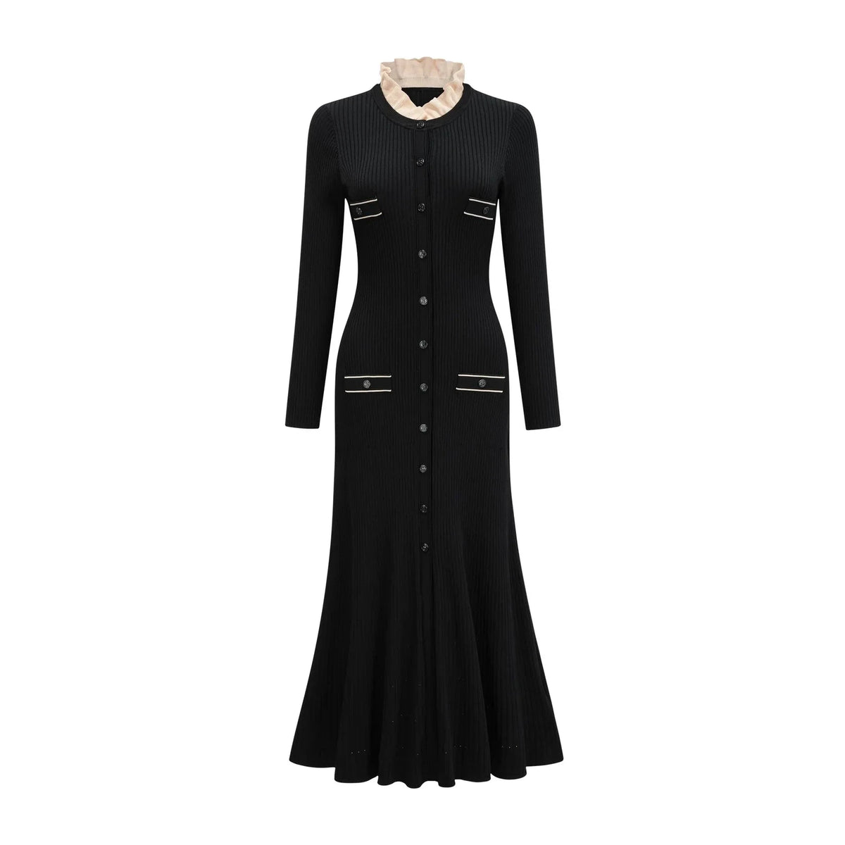 Black Knit Midi Dress with Contrast Ruffle Collar black ruffled-neck knitted midi dress Evening Dress by YiHuiw