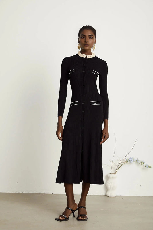 Black Knit Midi Dress with Contrast Ruffle Collar black ruffled-neck knitted midi dress Evening Dress by YiHuiw