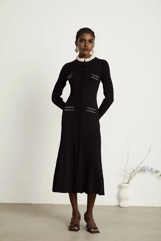 Black Knit Midi Dress with Contrast Ruffle Collar black ruffled-neck knitted midi dress Evening Dress by YiHuiw