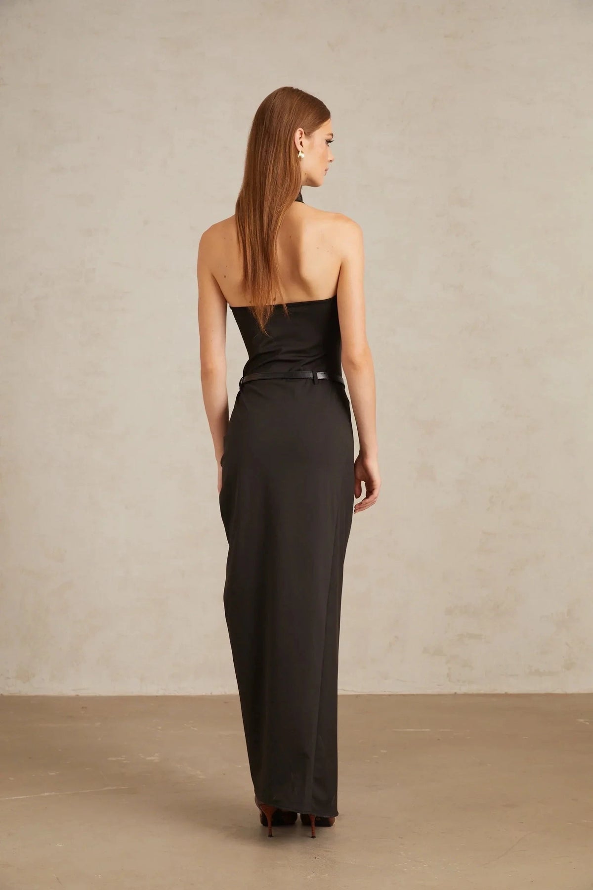 Black Knit Peplum Top and Midi Skirt Set Black Gathered Halterneck Maxi Dress Evening Dress by YiHuiw