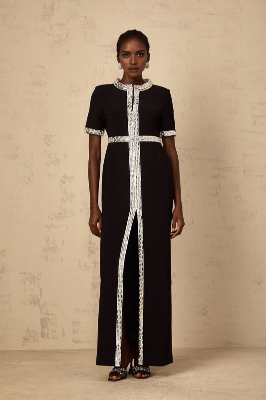 Black Maxi Dress with Silver Embellished Detailing Black Front Slit Crystal Embellished Maxi Dress Evening Dress