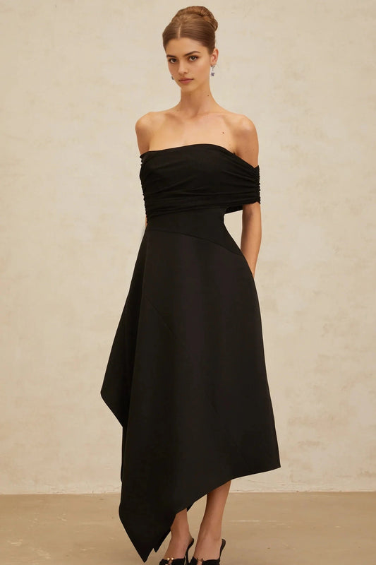 Black Off - Shoulder Asymmetric Midi Dress Black Off-Shoulder Asymmetrical Maxi Dress Evening Dress by YiHuiw