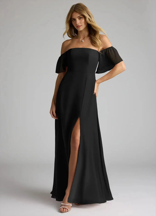 Black Off-Shoulder Chiffon Evening Gown with Side Slit A-Line Off the Convertible Bridesmaid Dresses by YiHuiw