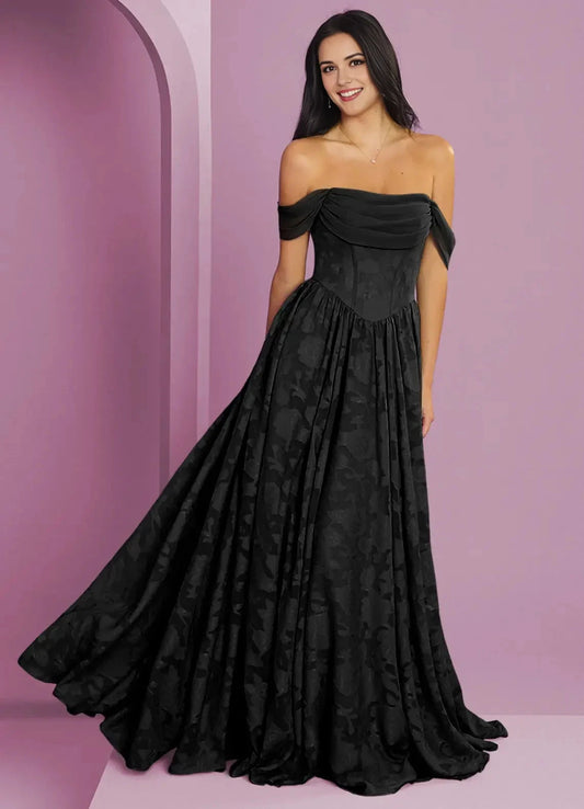Black Off-Shoulder Jacquard Maxi Dress with Flowy Skirt A-Line Burnout Convertible Bridesmaid Dresses by YiHuiw