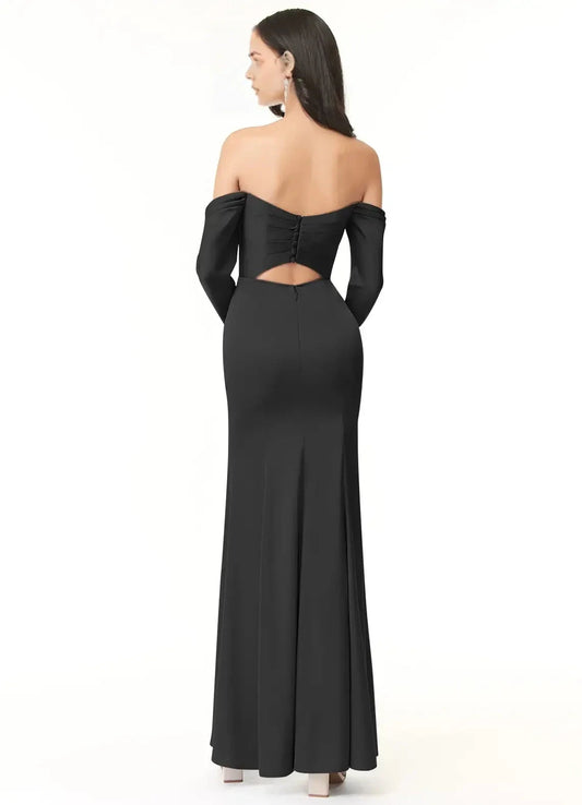 Black Off-Shoulder Long Sleeve Maxi Dress with Back Cutout Sheath Off-The-Shoulder Long Sleeve Stretch Satin Convertible Bridesmaid Dresses by YiHuiw