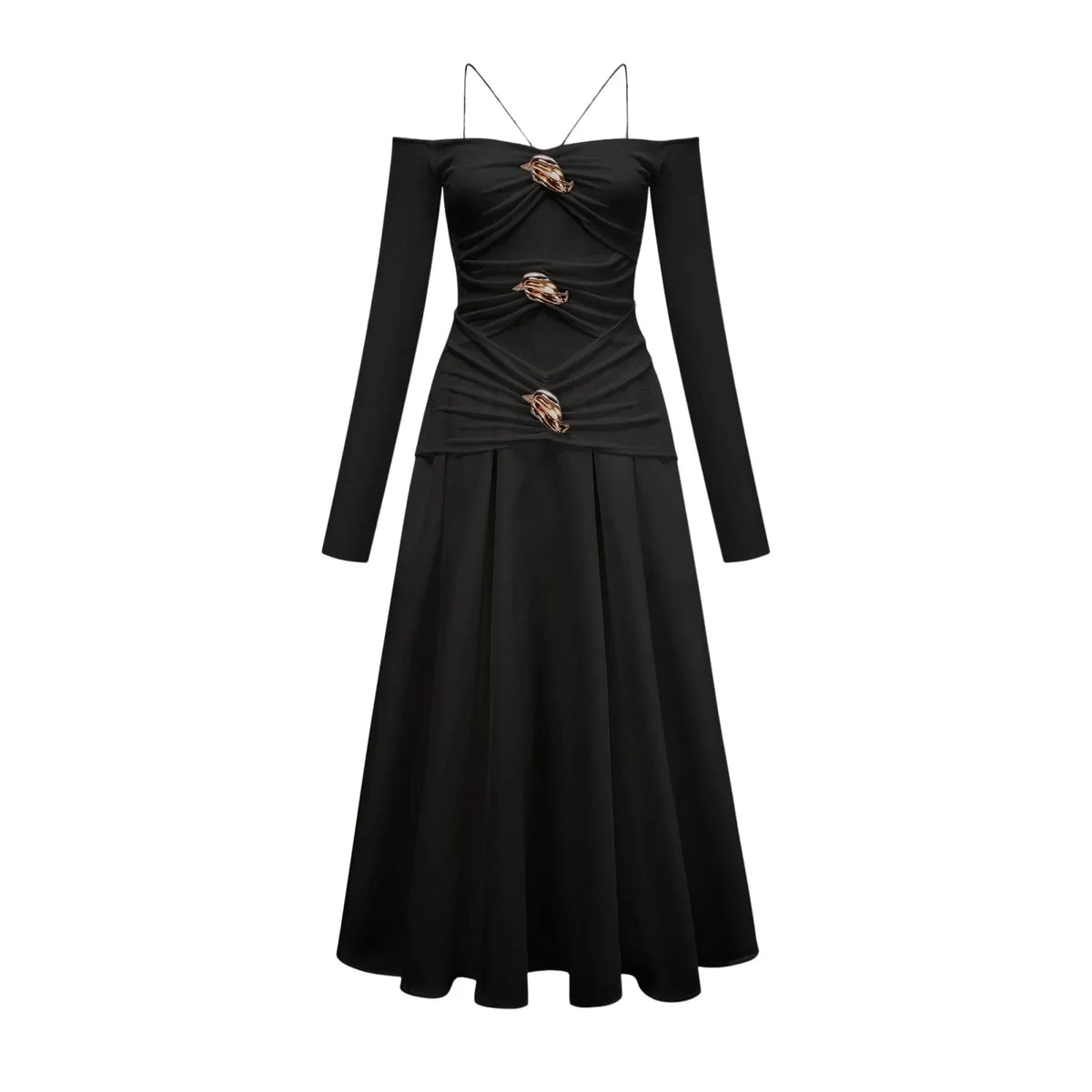 Black Off - Shoulder Maxi Dress with Gold Embellishments Nadine off-shoulder panelled maxi dress in Black Evening Dress by YiHuiw