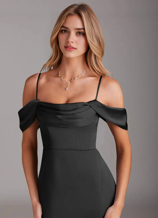 Black Off-Shoulder Mermaid Maxi Dress with Side Slit Black Sheath Off the Shoulder Stretch Satin Dress Bridesmaid Dresses by YiHuiw