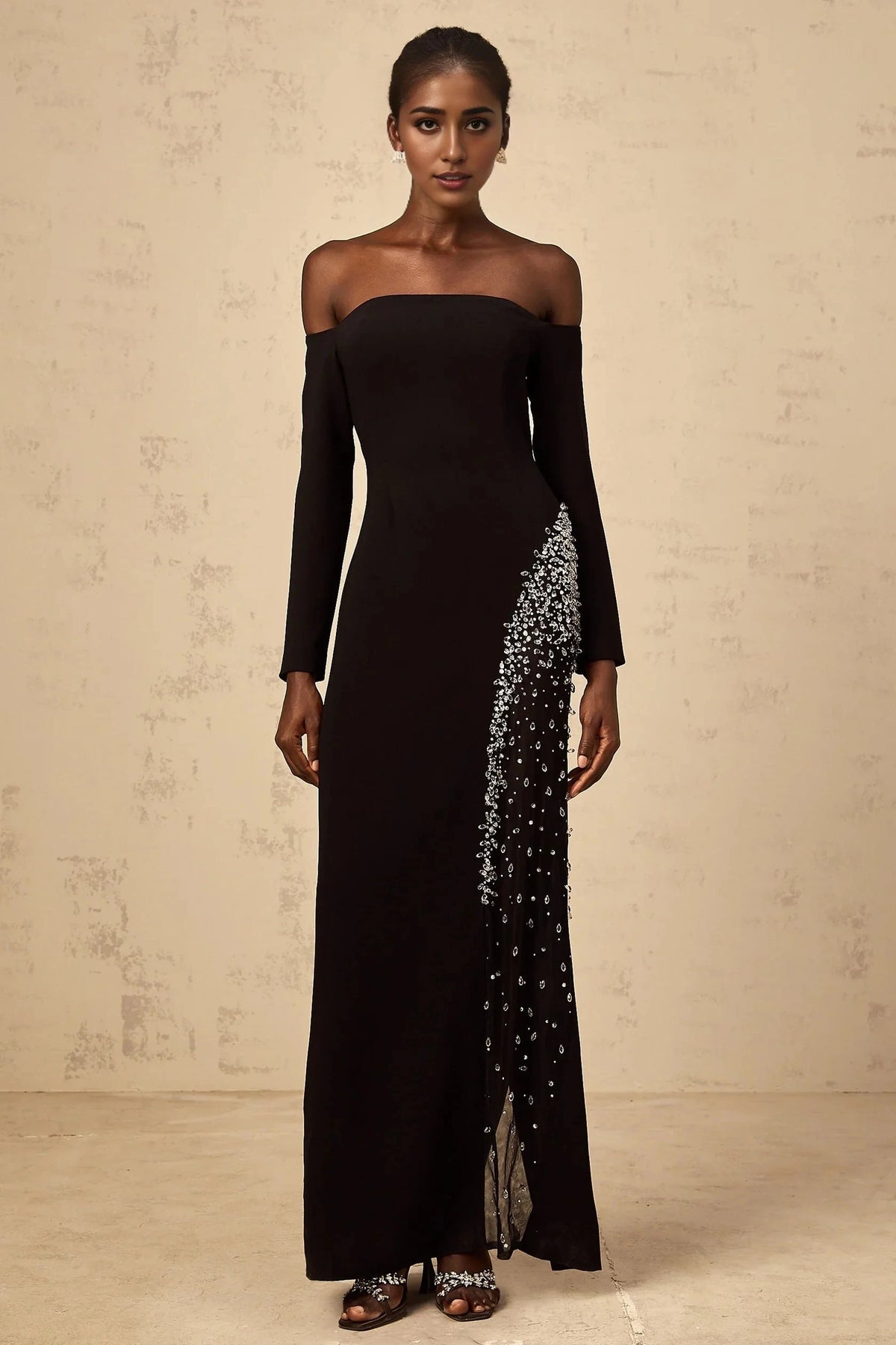 Black Off - Shoulder Sequin Embellished Maxi Dress Hyacinthe black mesh-panel embellished maxi dress Evening Dress by YiHuiw