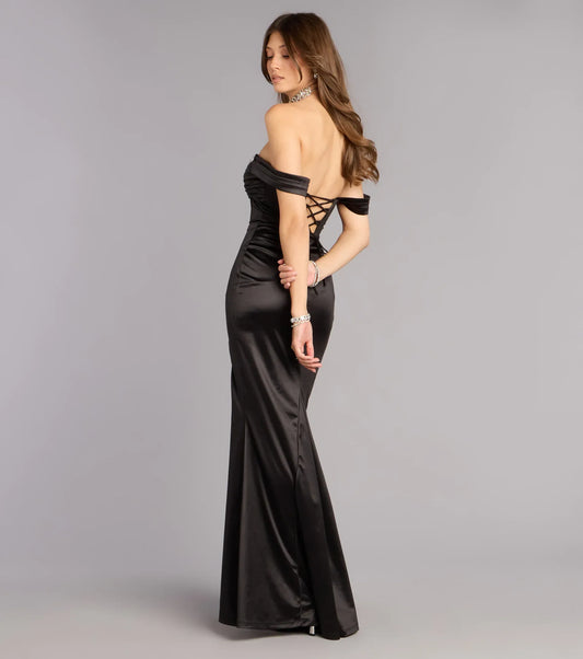 Black Mermaid Satin Lace-Up Back High Slit Floor-Length Wedding Dress - Yihuiw by Yihuiw