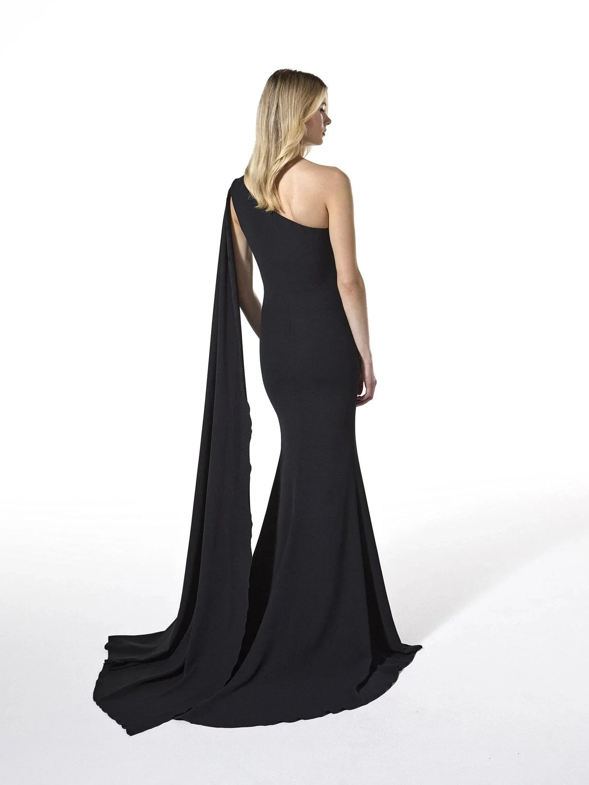 Black One-Shoulder Cape Maxi Dress with Sequin Side Asymmetrical neck mermaid party dress in crepe Bridesmaid Dresses by YiHuiw