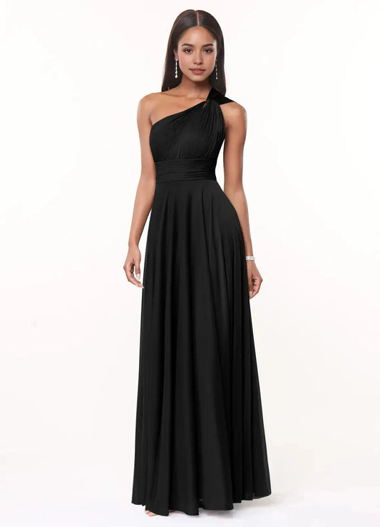 Black One-Shoulder Chiffon Maxi Dress with Sheer Detail A-Line One Shoulder Mesh Dress Bridesmaid Dresses by YiHuiw