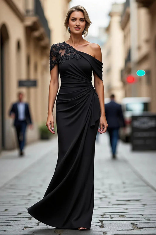 Black One - Shoulder Embellished Evening Gown Black Long Mermaid Asymmetrical Mother of the Bride Dress with Appliques Evening Dress by YiHuiw