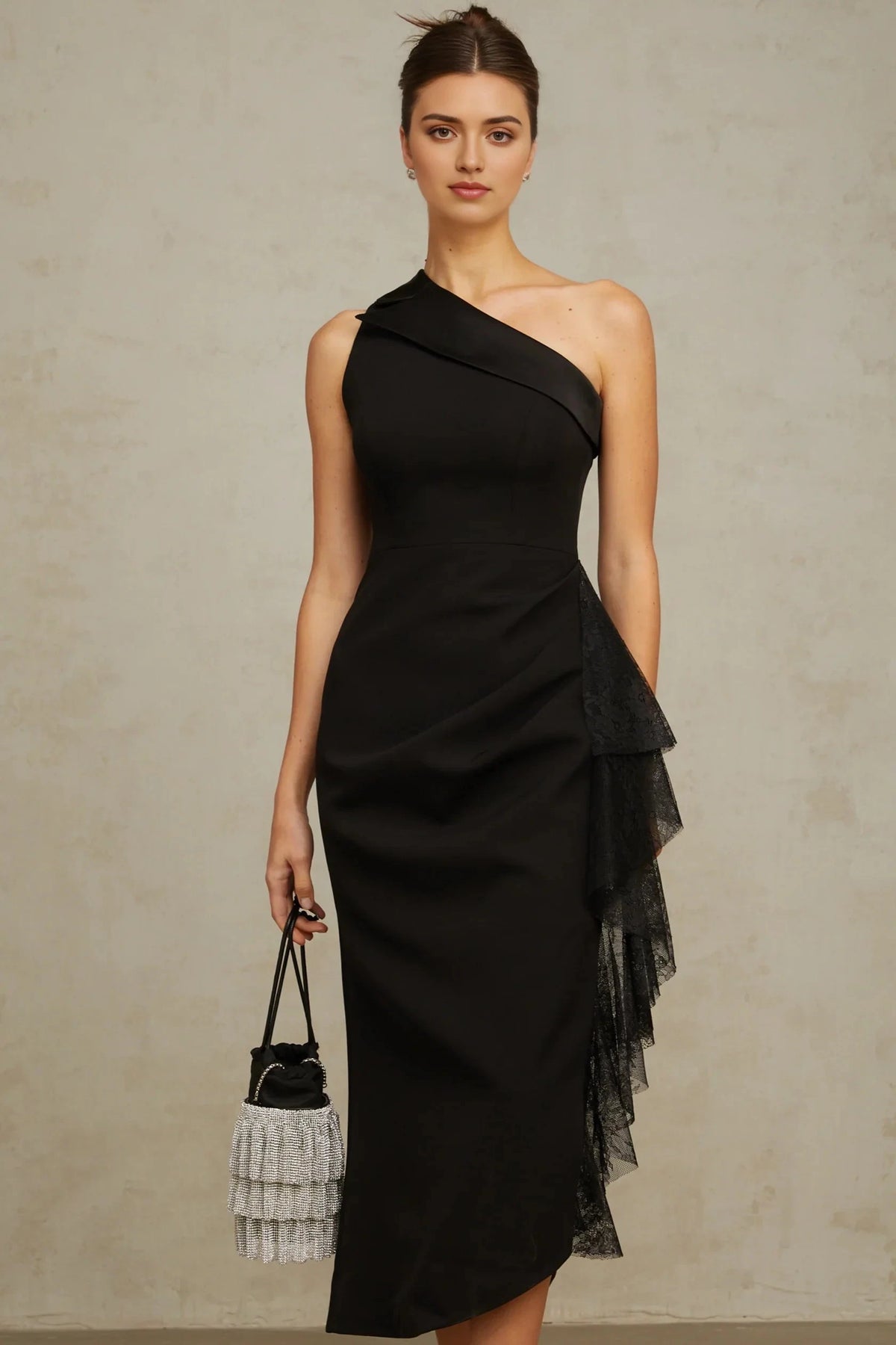 Black And Cream Contrast Midi Dress Bernadette black lace-panell asymmetrical midi dress Evening Dress by YiHuiw