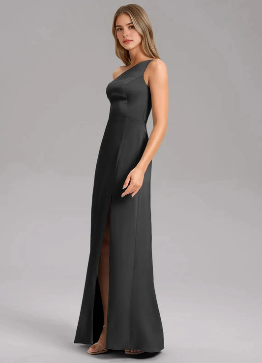 Black One-Shoulder Maxi Dress with Side Slit A-Line One Shoulder Stretch Satin Dress Bridesmaid Dresses by YiHuiw