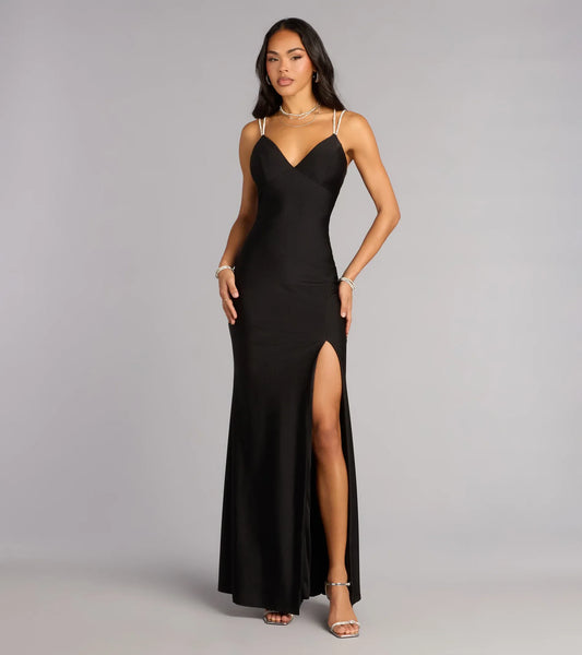 Black Mermaid V-Neck Satin High Slit Floor-Length Wedding Dress - Yihuiw by Yihuiw