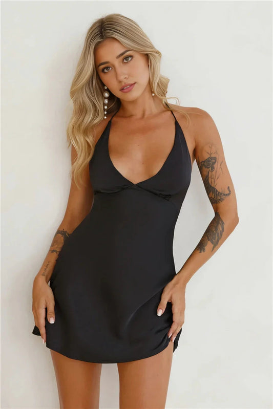 Black Satin Halter Mini Dress with Open Back Satin Neck Hanging Mini Dress Short Prom Dress by YiHuiw