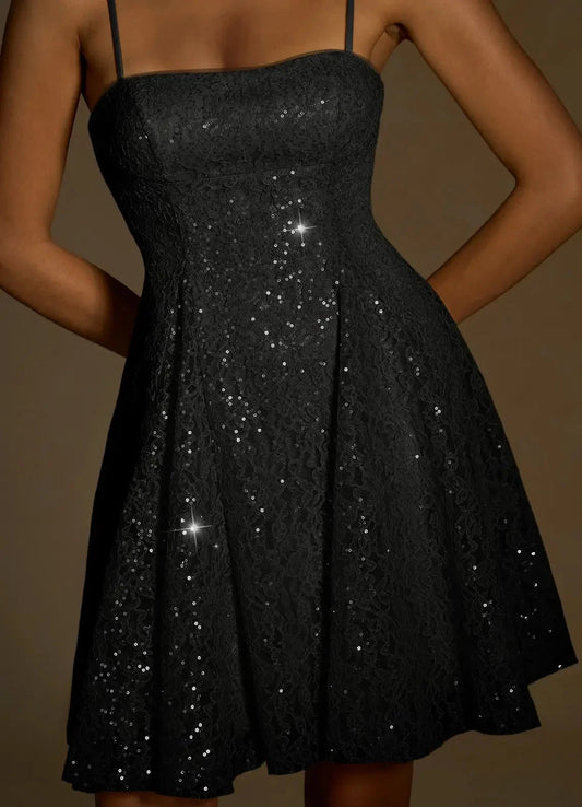 Black Sequin Lace Mini Dress with Criss - Cross Back Xenia Black Sequin Mini Dress Homecoming Dresses by YiHuiw