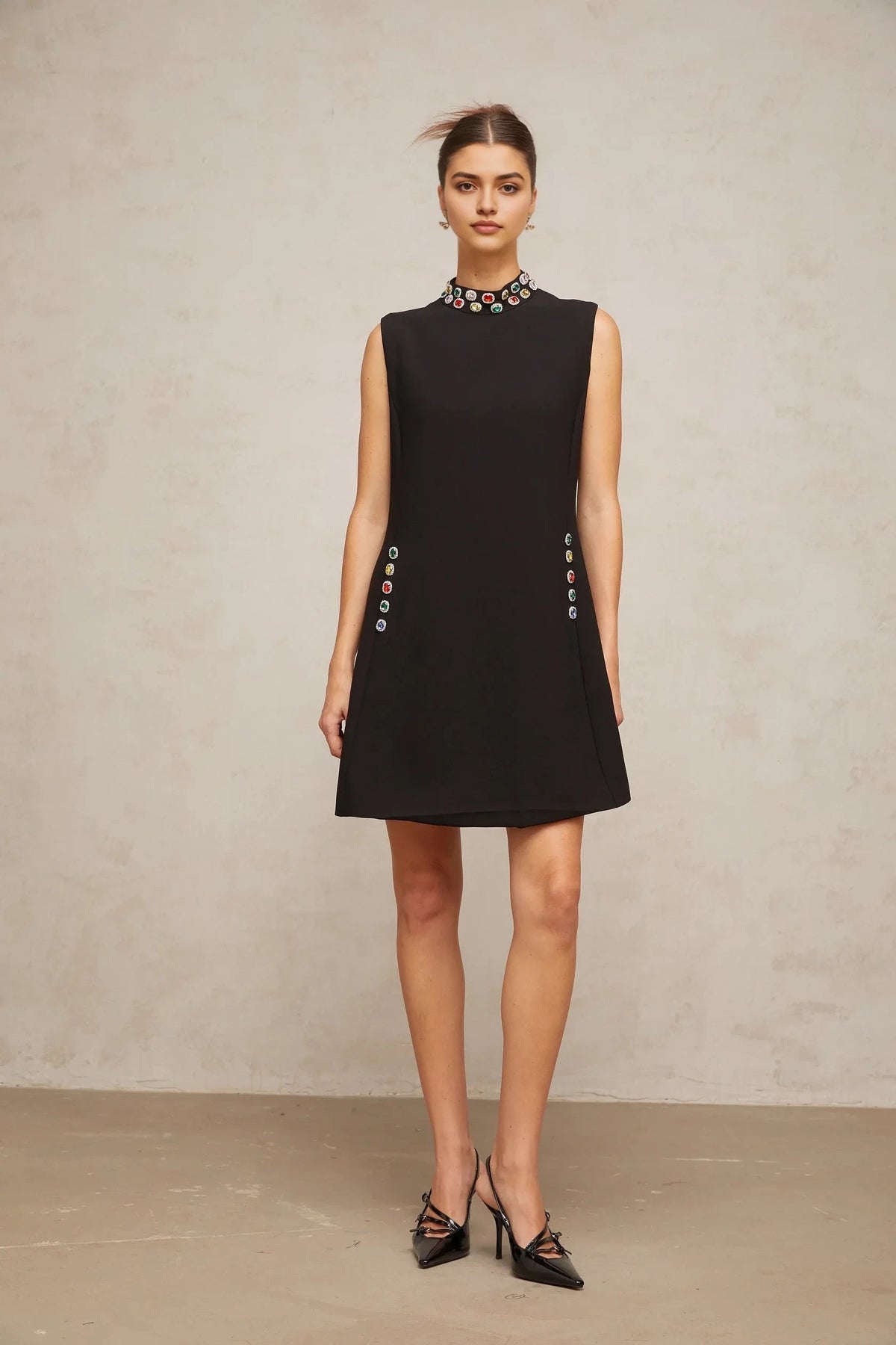Black Sleeveless Mini Dress with Colorful Jewel Detailing Xanthe crystal-embellished sleeveless mini dress by YiHuiw