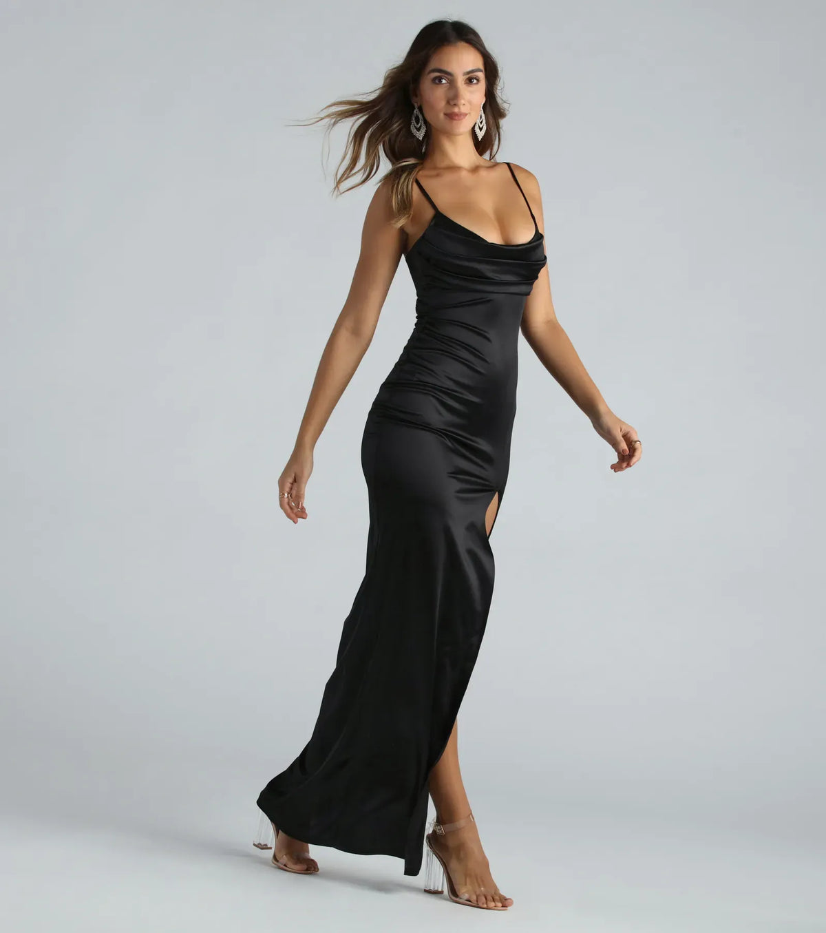 Black Spaghetti Strap Satin High Slit Wedding Dress - Yihuiw by Yihuiw