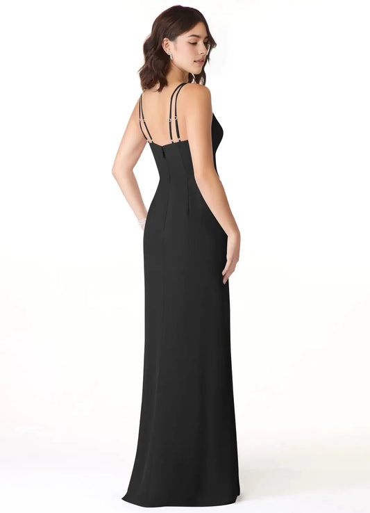 Black Spaghetti Strap Maxi Dress with Side Slit Mermaid V-Neck Pleated Chiffon Dress Bridesmaid Dresses by YiHuiw