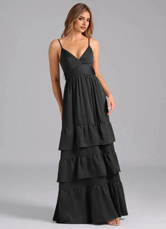 Black Spaghetti Strap Tiered Maxi Dress with Back Bow Black A-Line Pleated Stretch Satin Dress Bridesmaid Dresses by YiHuiw