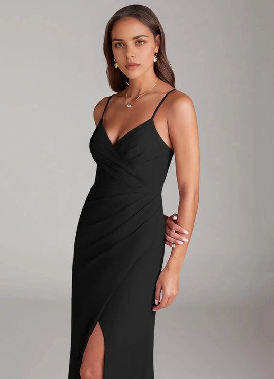 Black Spaghetti Strap V-Neck Maxi Dress with Side Slit Sheath Pleated Chiffon Dress Bridesmaid Dresses by YiHuiw
