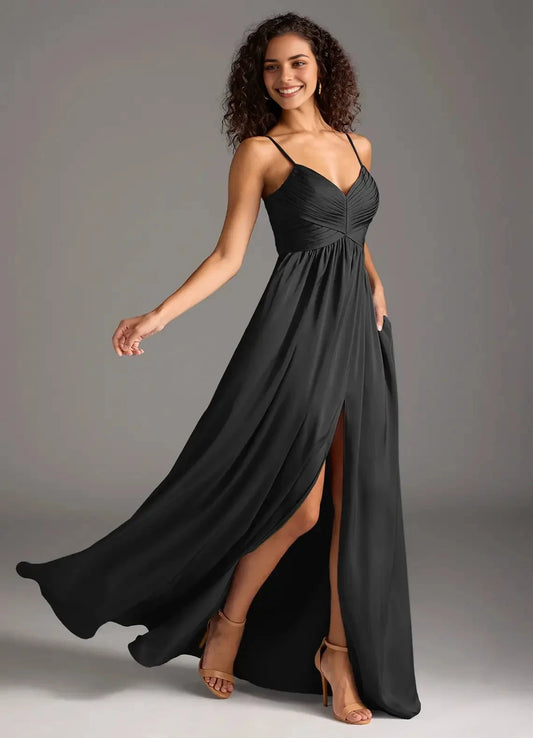 Black Spaghetti Strap V-Neck Maxi Dress with Side Slit A-Line Pleated Stretch Satin Dress Bridesmaid Dresses by YiHuiw