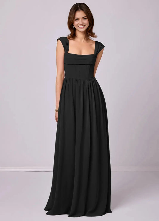 Black Square Neck Maxi Dress with Corset Back and Pockets Black A-Line Corset Chiffon Dress black Bridesmaid Dresses by YiHuiw