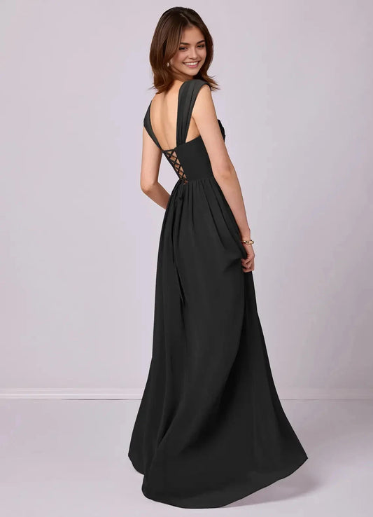 Black Satin Square Neck Maxi Dress with Ruffled Side Slit and Corset Back Black A-Line Sweetheart Neckline Stretch Satin Dress Bridesmaid Dresses by YiHuiw