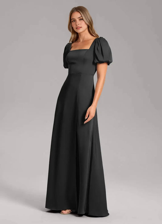 Black Square Neck Maxi Dress with Puff Sleeves and Side Slit A-Line Pleated Stretch Satin Dress Bridesmaid Dresses by YiHuiw