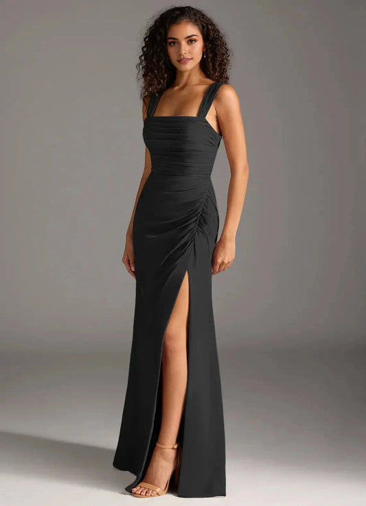 Black Square Neck Maxi Dress with Side Slit and Open Back Bow Black Sheath Bow Chiffon Dress Bridesmaid Dresses by YiHuiw