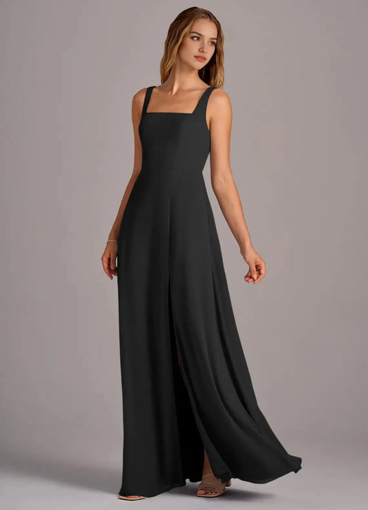 Square Neck Maxi Dress with Tie Straps and Side Slit Black A-Line with Pockets Chiffon Convertible Dress Bridesmaid Dresses by YiHuiw