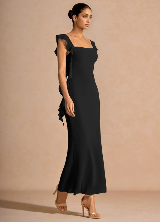 Black Mermaid Square Neck Ruffled Midi Wedding Dress - Yihuiw by Yihuiw