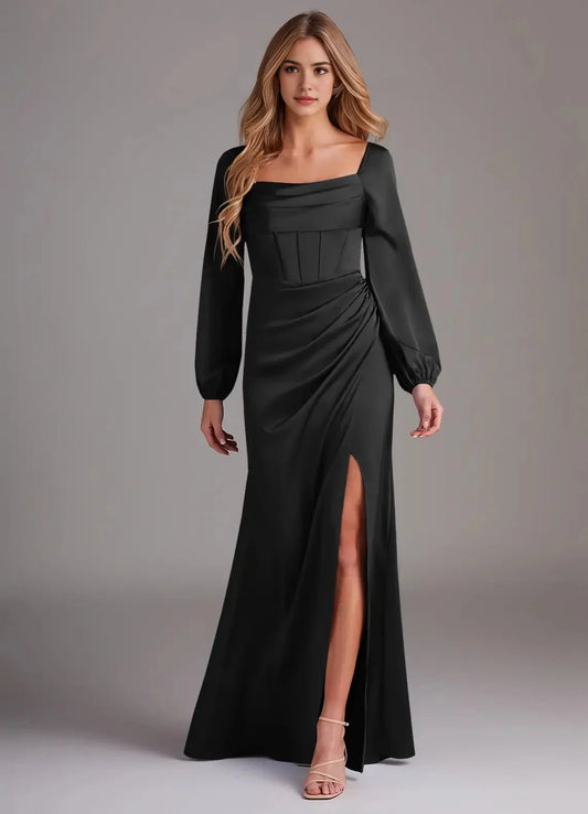Black Square Neck Satin Maxi Dress with Long Sleeves and Side Slit Bridesmaid Dresses by YiHuiw