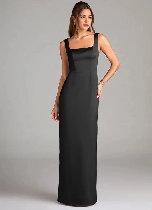 Black Square Neck Satin Maxi Dress with Open Back and Side Slit Sheath Side Slit Stretch Satin Dress Bridesmaid Dresses by YiHuiw