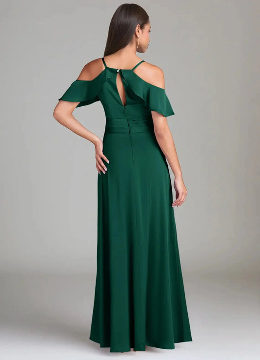 Emerald Green Cold-Shoulder Maxi Dress with Side Slit A-Line Off the Shoulder Stretch Satin Dress Bridesmaid Dresses by YiHuiw
