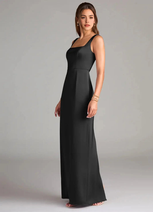 Black Square Neck Satin Maxi Dress with Open Back and Side Slit Sheath Side Slit Stretch Satin Dress Bridesmaid Dresses by YiHuiw